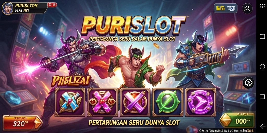 Screenshot gameplay <strong>PURISLOT</strong> menunjukkan pertarungan seru dan mekanisme slot yang unik.