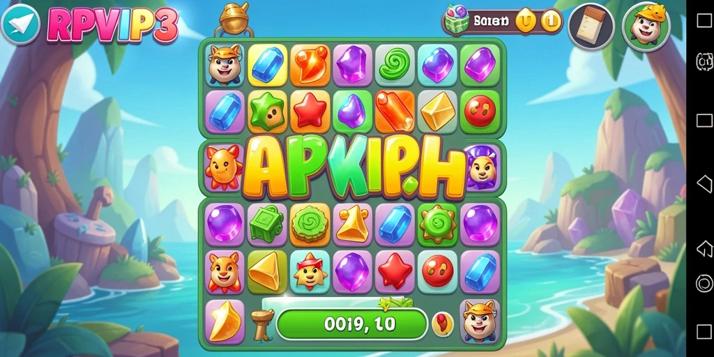 Screenshot RPVIP3 yang menampilkan gameplay Match-3 yang memukau.