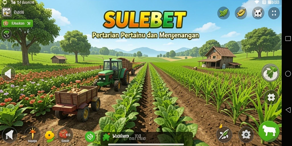 Screenshot gameplay SULEBET menampilkan petani mengelola kebun dengan berbagai tanaman.